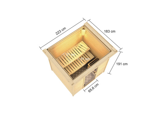 Draufsicht einer Holzsauna mit Maßangaben.