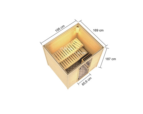 Illustration d''un sauna intérieur mesurant 195 cm x 169 cm x 187 cm