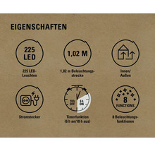 Eigenschaften: 225 LEDs, 1,02 Meter, für Innen und Außen, Stromstecker, Timerfunktion sechs Stunden ein und achtzehn Stunden aus, acht Beleuchtungsfunktionen