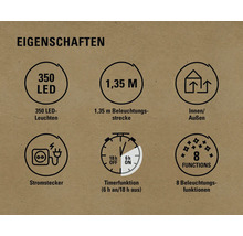 Eigenschaften: 350 LEDs, 1,35 Meter Beleuchtungsstrecke, geeignet für Innen und Außen, Stromstecker, Timerfunktion (6 Stunden an/18 Stunden aus), 8 Beleuchtungsfunktionen