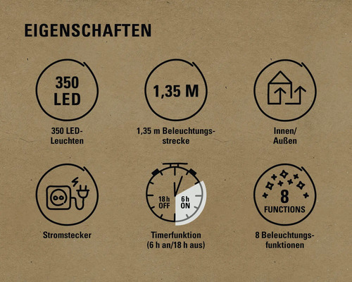 Eigenschaften: 350 LEDs, 1,35 Meter Beleuchtungsstrecke, geeignet für Innen und Außen, Stromstecker, Timerfunktion (6 Stunden an/18 Stunden aus), 8 Beleuchtungsfunktionen