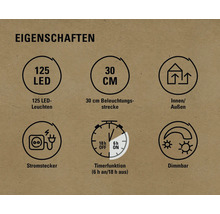 Eigenschaften: 125 LED Leuchten, 30 Zentimeter Beleuchtungsstrecke, für Innen und Außen, Stromstecker, Timerfunktion sechs Stunden an und 18 Stunden aus, dimmbar
