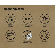 Eigenschaften: 240 LEDs, 18 Meter, Innen- und Aussenbereich, Stromstecker, Timerfunktion, dimmbar