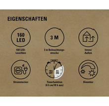 Eigenschaften: 160 LED-Leuchten, 3 Meter Beleuchtungsstrecke, für Innen und Aussen geeignet, Stromstecker, Timerfunktion sechs Stunden an und achtzehn Stunden aus, Dimmbar