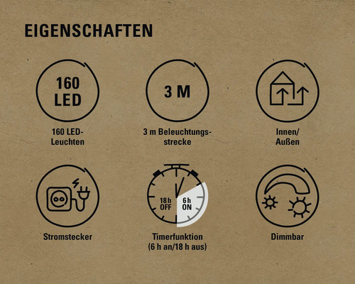 Eigenschaften: 160 LED-Leuchten, 3 Meter Beleuchtungsstrecke, für Innen und Aussen geeignet, Stromstecker, Timerfunktion sechs Stunden an und achtzehn Stunden aus, Dimmbar