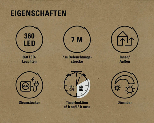 Eigenschaften: 360 LED Leuchten, 7 Meter Beleuchtungsstrecke, Innen- und Aussenbereich geeignet, Stromstecker, Timerfunktion (6 Stunden an, 18 Stunden aus), Dimmbar.