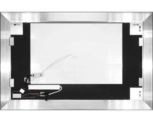 Rückseite eines Spiegels mit silberfarbenem Rahmen, LED Beleuchtung und Montageelementen.