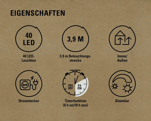 Eigenschaften: 40 LEDs, 3,9 Meter Beleuchtungsstrecke, für Innen und Außen, Stromstecker, Timerfunktion, dimmbar