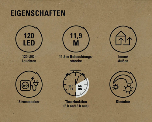 Eigenschaften: 120 LED Leuchten, 11,9 Meter Beleuchtungsstrecke, Innen- und Außenbereich, Stromstecker, Timerfunktion sechs Stunden an und achtzehn Stunden aus, Dimmbar