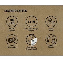 Eigenschaften: 180 LED Leuchten, 0,9 Meter Beleuchtungsstrecke, geeignet für Innen und Aussen, Stromstecker, Timerfunktion sechs Stunden an und 18 Stunden aus, Dimmbar