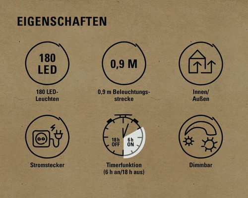 Eigenschaften: 180 LED Leuchten, 0,9 Meter Beleuchtungsstrecke, geeignet für Innen und Aussen, Stromstecker, Timerfunktion sechs Stunden an und 18 Stunden aus, Dimmbar