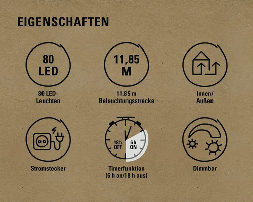 Eigenschaften: 80 LEDs, 11,85 Meter Beleuchtungsstrecke, Stromstecker, Innen- und Aussenbereich, Timerfunktion sechs Stunden an und 18 Stunden aus, dimmbar