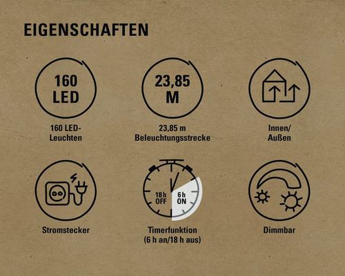 Eigenschaften: 160 LEDs, 23,85 Meter Länge, geeignet für Innen- und Außenbereich, Stromstecker, Timerfunktion (6 Stunden an, 18 Stunden aus), dimmbar
