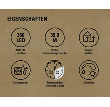 Eigenschaften: 360 LED Leuchten, 35,9 Meter Beleuchtungsstrecke, Innen- und Außenbereich geeignet, Stromstecker, Timerfunktion, Dimmbar