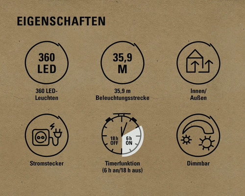 Eigenschaften: 360 LED Leuchten, 35,9 Meter Beleuchtungsstrecke, Innen- und Außenbereich geeignet, Stromstecker, Timerfunktion, Dimmbar
