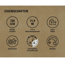 Eigenschaften: 720 LEDs, 71,9 Meter Beleuchtungsstrecke, Innen- und Außenbereich, Stromstecker, Timerfunktion (6 Stunden an, 18 Stunden aus), Dimmbar