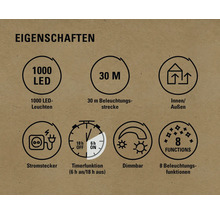 Eigenschaften: 1000 LEDs, 30 Meter Länge, geeignet für Innen und Außen, Stromstecker, Timerfunktion mit 6 Stunden an und 18 Stunden aus, Dimmbar, 8 Beleuchtungsfunktionen
