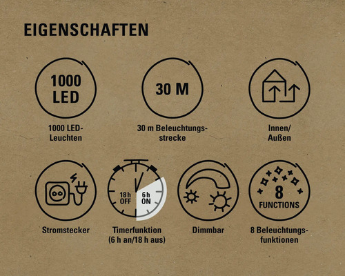 Eigenschaften: 1000 LEDs, 30 Meter Länge, geeignet für Innen und Außen, Stromstecker, Timerfunktion mit 6 Stunden an und 18 Stunden aus, Dimmbar, 8 Beleuchtungsfunktionen