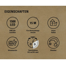 Eigenschaften: 1500 LEDs, 15 Meter Beleuchtungsstrecke, für Innen und Außen, Stromstecker, Timerfunktion, Dimmbar