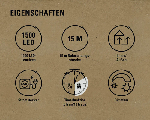 Eigenschaften: 1500 LEDs, 15 Meter Beleuchtungsstrecke, für Innen und Außen, Stromstecker, Timerfunktion, Dimmbar