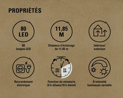 Propriétés : 80 lampes LED, distance d’éclairage de 11,85 m, intérieur/extérieur, raccordement électrique, fonction de minuterie (6 h allumé/18 h éteint), intensité lumineuse variable