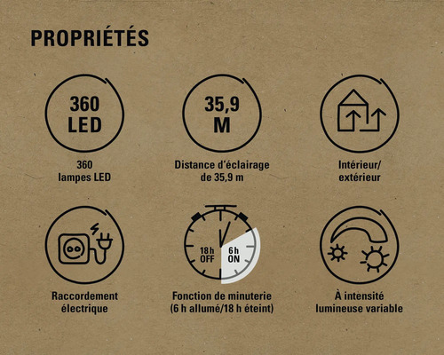 Propriétés: 360 lampes LED, portée d''éclairage de 35,9 mètres, intérieur/extérieur, raccordement électrique, fonction de minuterie (6 heures allumées/18 heures éteintes), intensité lumineuse variable