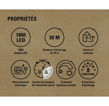 Propriétés: 1000 LEDs, portée d''éclairage de 30 mètres, intérieur/extérieur, raccordement électrique, fonction de minuterie (6 heures allumée/18 heures éteinte), intensité lumineuse variable, 8 fonctions d''éclairage