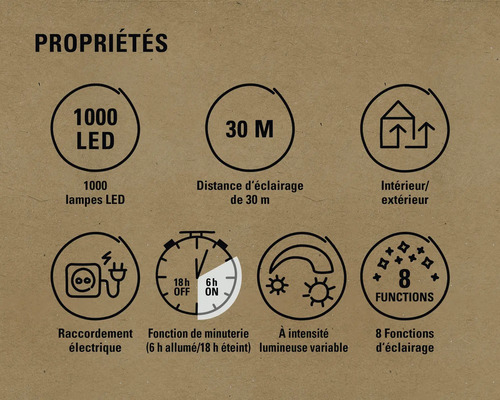 Propriétés: 1000 LEDs, portée d''éclairage de 30 mètres, intérieur/extérieur, raccordement électrique, fonction de minuterie (6 heures allumée/18 heures éteinte), intensité lumineuse variable, 8 fonctions d''éclairage
