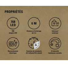 Propriétés : 768 LED, portée d’éclairage de 6 m, intérieur/extérieur, raccordement électrique, fonction de minuterie (6 h allumé/18 h éteint), intensité lumineuse variable