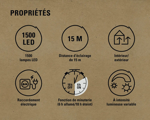 Propriétés : 1 500 lampes LED, distance d’éclairage de 15 m, intérieur/extérieur, raccordement électrique, fonction de minuterie (6 h allumé/18 h éteint), intensité lumineuse variable