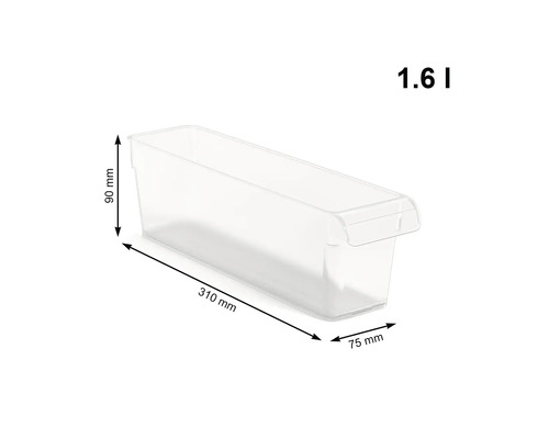 Transparente Aufbewahrungsbox aus Kunststoff mit den Maßen 310 mm x 75 mm x 90 mm und einem Volumen von 1,6 Litern.