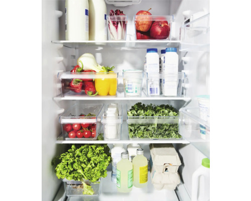 Réfrigérateur rempli de fruits et légumes dans des récipients de stockage transparents.