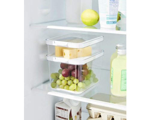 Photo d''un réfrigérateur avec deux récipients alimentaires transparents contenant du fromage et des raisins.