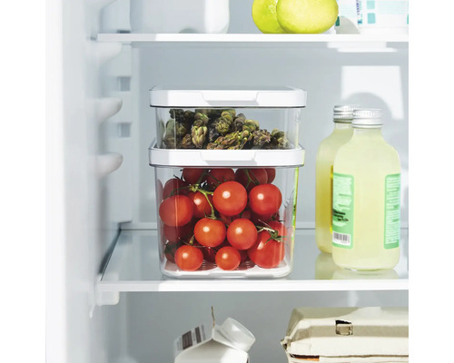 Réfrigérateur avec des aliments dans des récipients transparents