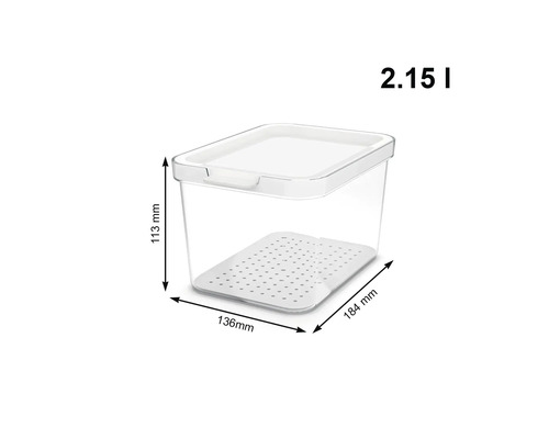 Boîte de rangement mesurant 113 mm de hauteur, 136 mm de largeur et 184 mm de longueur avec une capacité de 2,15 litres