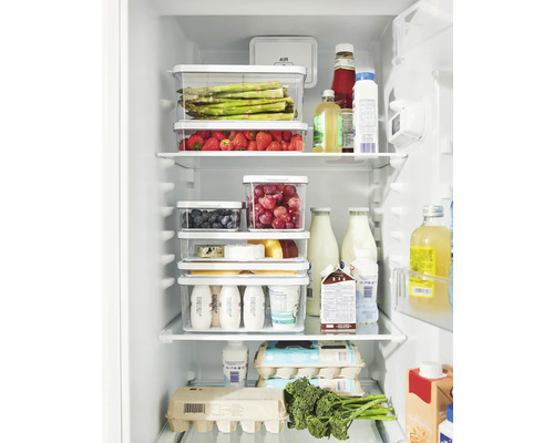 Ein Kühlschrank mit transparenten Aufbewahrungsbehältern gefüllt mit verschiedenen Lebensmitteln wie Spargel, Erdbeeren, Käse, Eiern und Milchprodukten.