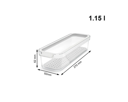 Frischhaltedose mit den Massen 92 mm x 270 mm x 62 mm und einem Fassungsvermögen von 1,15 Liter.