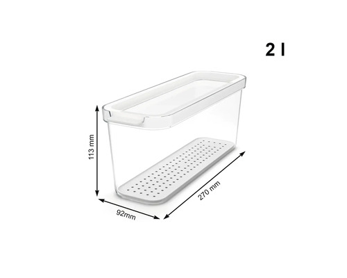 2 Liter Frischhaltedose mit Deckel und Maßen 113 mm mal 270 mm mal 92 mm