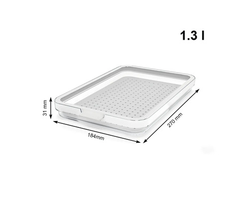 Kunststoffschale mit den Maßen 184 mm x 270 mm x 31 mm und einem Volumen von 1,3 l
