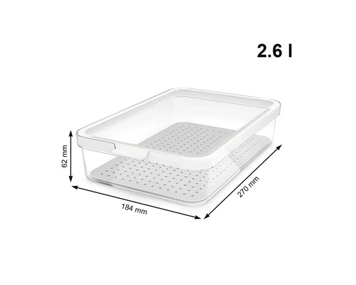 Aufbewahrungsbox transparent mit den Maßen 270 mm x 184 mm x 62 mm und einem Volumen von 2,6 Litern