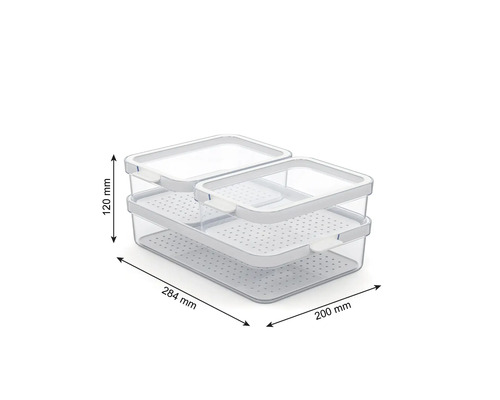 Trois boîtes de conservation transparentes en plastique avec couvercle, dimensions 284 mm x 200 mm x 120 mm.