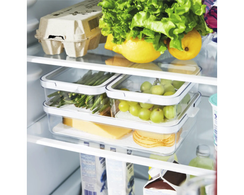 Réfrigérateur avec légumes, fruits, œufs et fromage dans des boîtes de conservation