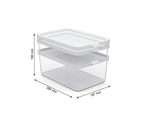 Zwei transparente Frischhaltedosen aus Kunststoff mit Deckel und Massangaben