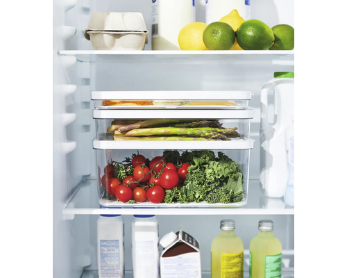 Gefüllter Kühlschrank mit Aufbewahrungsbehältern für Lebensmittel