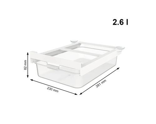 Schublade aus Kunststoff mit den Maßen 281 mm x 230 mm x 82 mm und einem Fassungsvermögen von 2,6 Litern