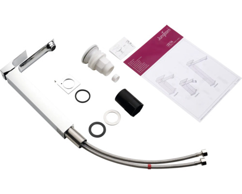 Aufnahme eines Waschbeckenmischers mit Zubehör und Montageanleitung