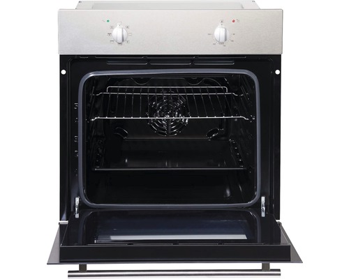 Four encastrable avec porte ouverte, intérieur avec grille et plaque de cuisson.