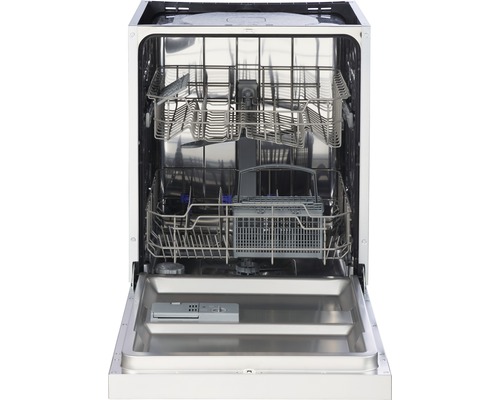 Vue intérieure d''un lave-vaisselle avec paniers à vaisselle sortis.