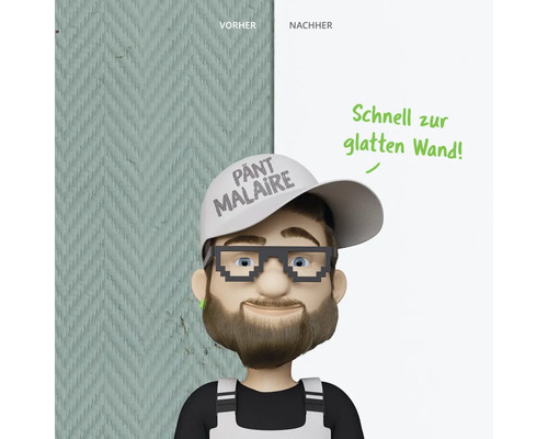 Vorher-Nachher-Ansicht einer Wand mit einem Cartoon-Charakter davor