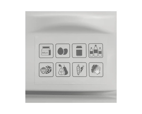 Lebensmittelsymbole im Kühlschrank für Milch, Eier, Getränke, Erdbeeren, Birnen, Karotten und Brokkoli